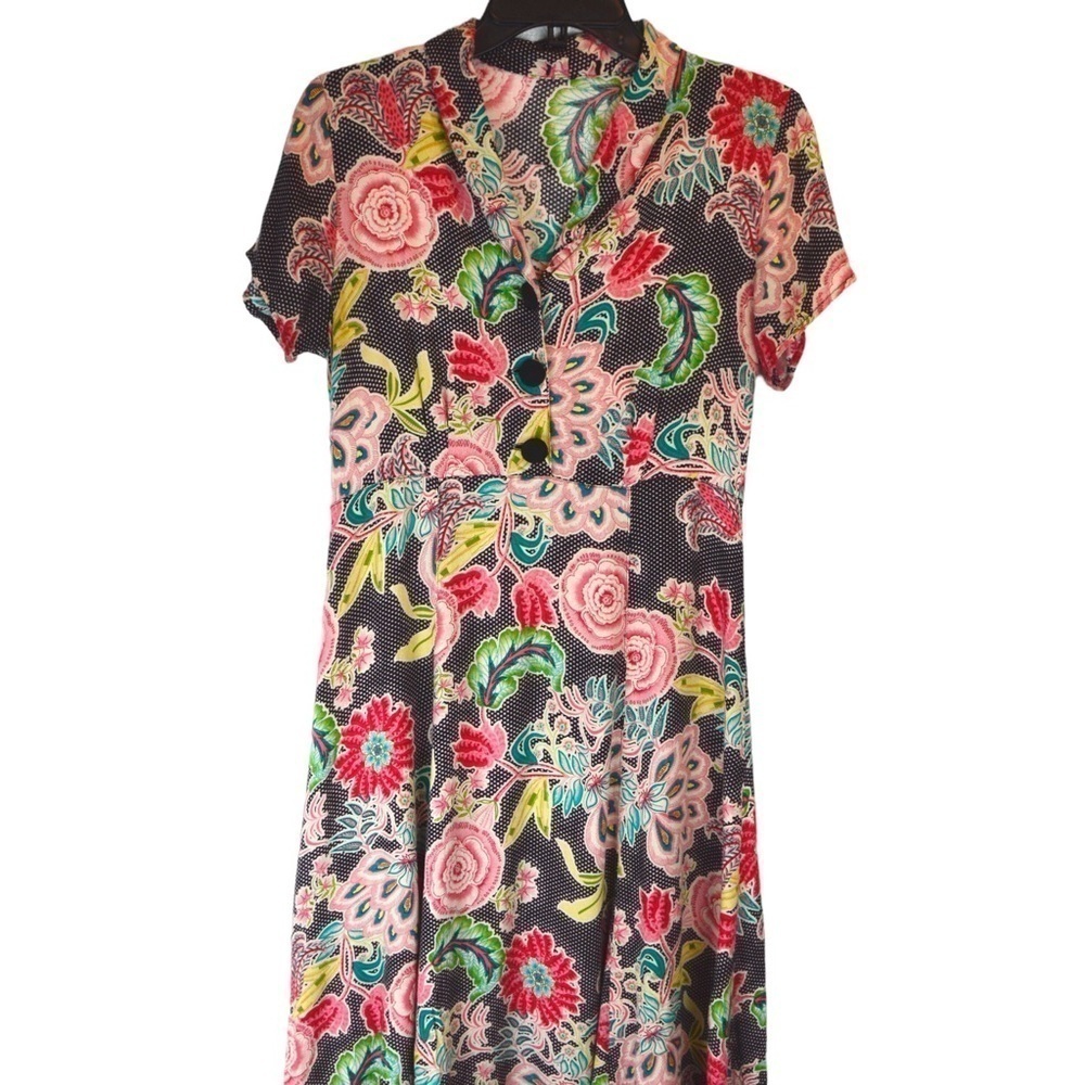 Vintage Loco Lindo Retro Mixed Print Short Sleeve Midi High Waist Dress